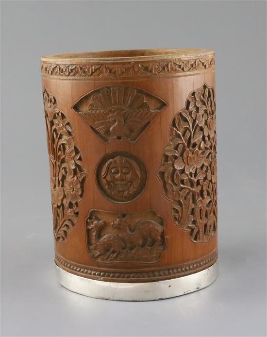 A Chinese bamboo brush pot, 19th century, H.18cm, rim mount lacking